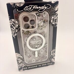 Ed Hardy iPhone 16 Pro Max Case MagSafe Compatible Tattoo Art Skulls Clear New